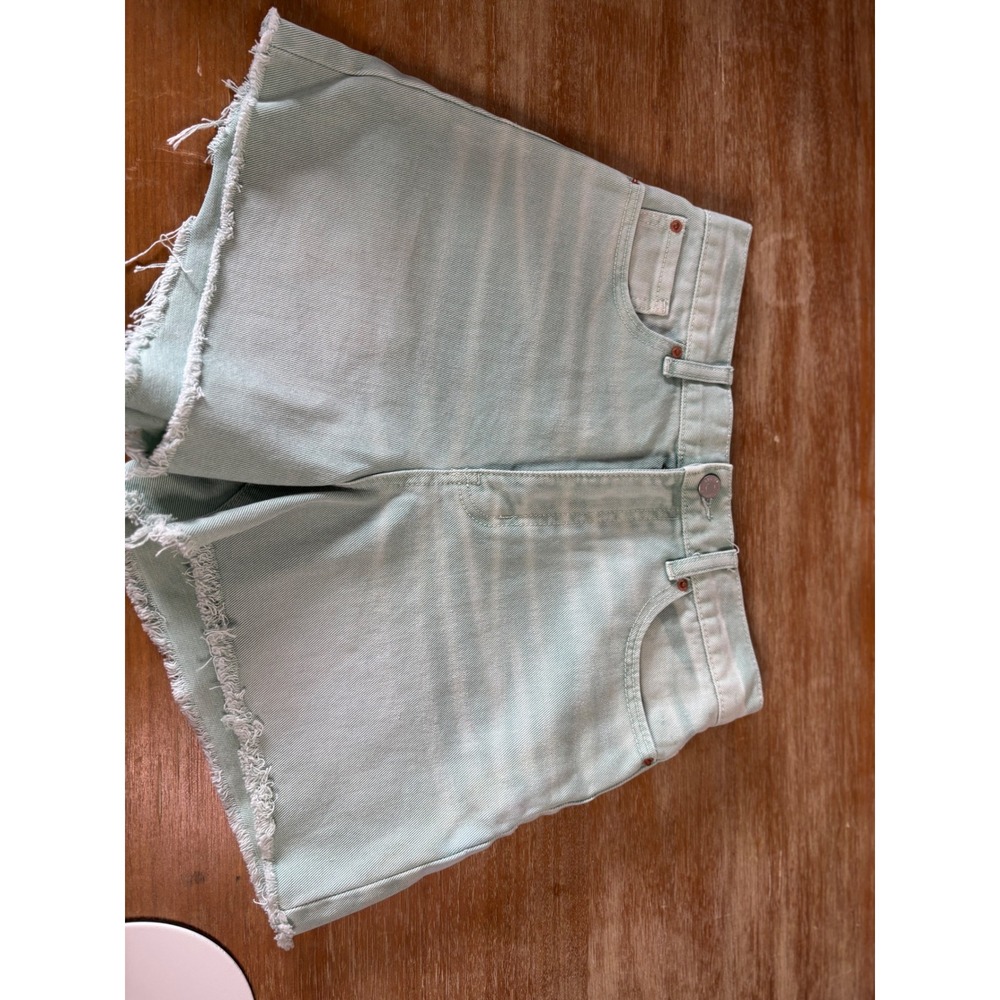 BDG Urban Outfitters A-Line High Rise Denim Shorts Mint Green Raw Hem Size 28